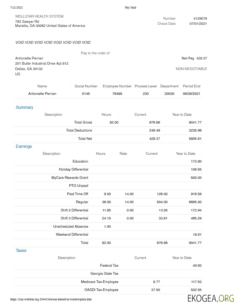 Modèle de bulletin de paie WELLSTAR HEALTH SYSTEM aux formats Word et PDF.pdf, 1